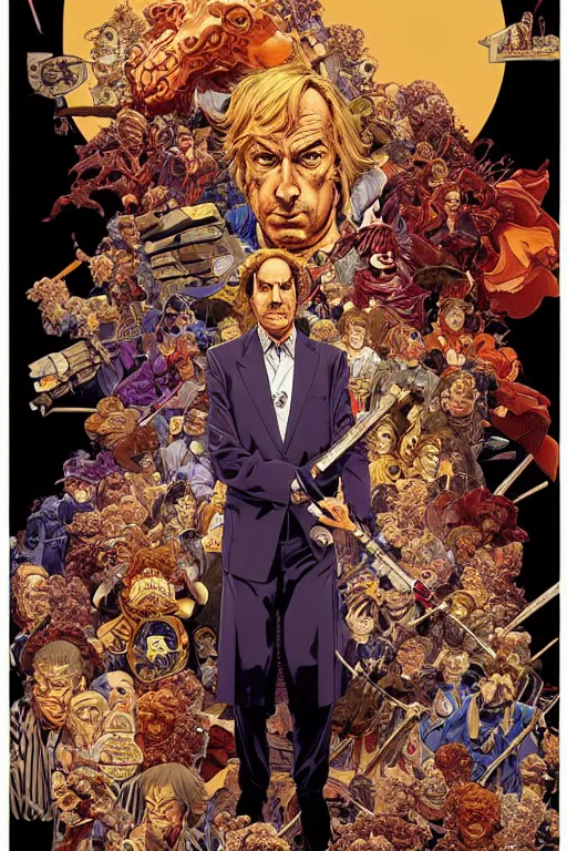 Prompt: poster of saul goodman, by yoichi hatakenaka, masamune shirow, josan gonzales and dan mumford, ayami kojima, takato yamamoto, barclay shaw, karol bak, yukito kishiro