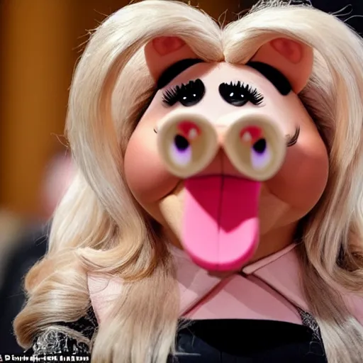 Image similar to a portrait of miss piggy smiling as sara netanyahu, neutral colors, warm, sharp