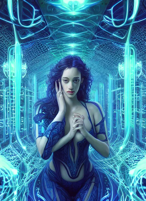 Image similar to fractals!!, water, hybrids, tech wear, scifi, glowing lights!! intricate elegant, kat dennings, highly detailed, digital painting, artstation, concept art, smooth, sharp focus, thin glowing wires, illustration, art by artgerm and greg rutkowski and alphonse mucha, singularity!!!