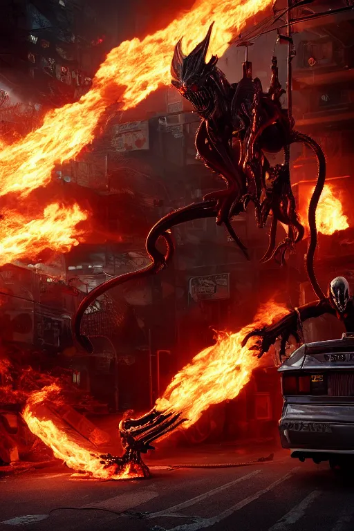 Image similar to The Ghost Rider fights a fire-breathing xenomorph in the back alley of a cyberpunk city, burning trash flies through the air, splattered blood. Realistic, octane render, trending on ArtStation.