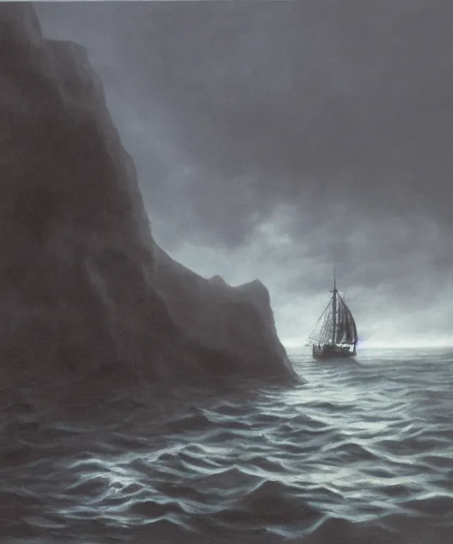 Image similar to photorealistic painting of a 1 9 2 5 seiner sailing near a tropical cliff with the mouth of a sea cave at the waterline, dark, brooding, atmospheric, lovecraft, horror, smooth, epic, highly detailed, cinematic, by lee gibbons