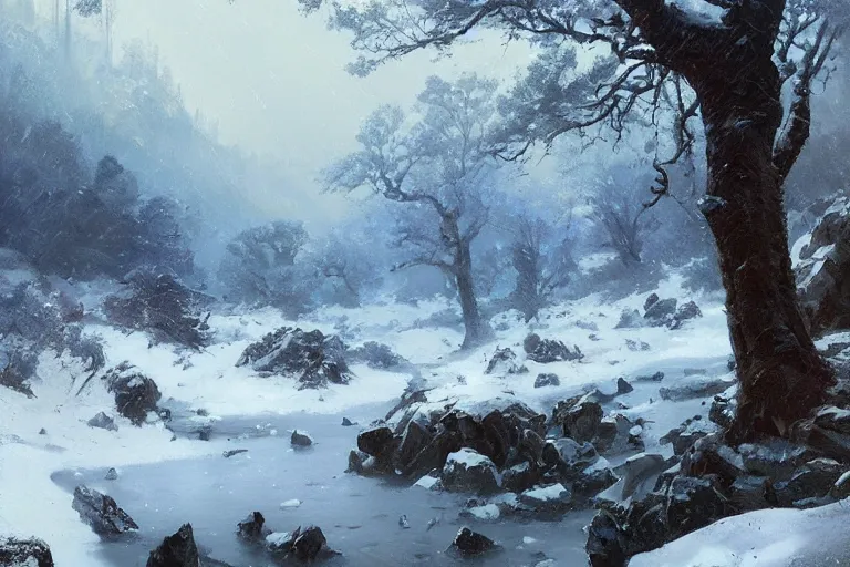 Image similar to a beautiful oil painting of a rocky valley covered in snow, trees with blue leaves, thunderstorm in the sky, blue lighting, gloomy, atmospheric lighting, detailed, beautiful!! by greg rutkowski, trending on artstation