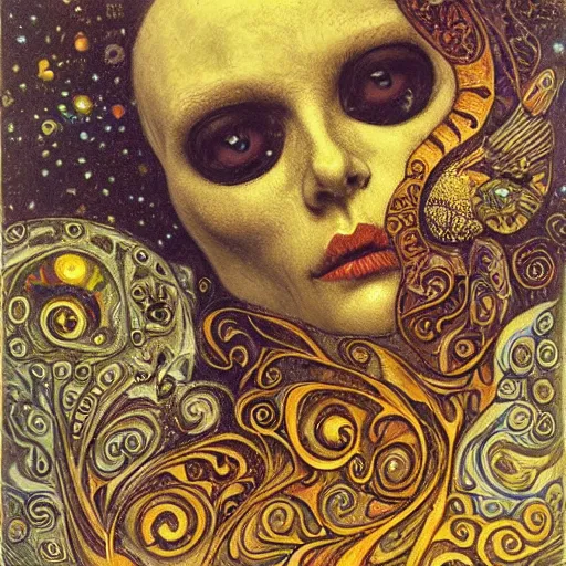 Image similar to Memento Mori by Karol Bak, Jean Deville, Gustav Klimt, and Vincent Van Gogh, beautiful visionary mystical portrait, calavera, otherworldly, fractal structures, ornate gilded medieval icon, third eye, spirals, jeweled calavera by Jean Delville