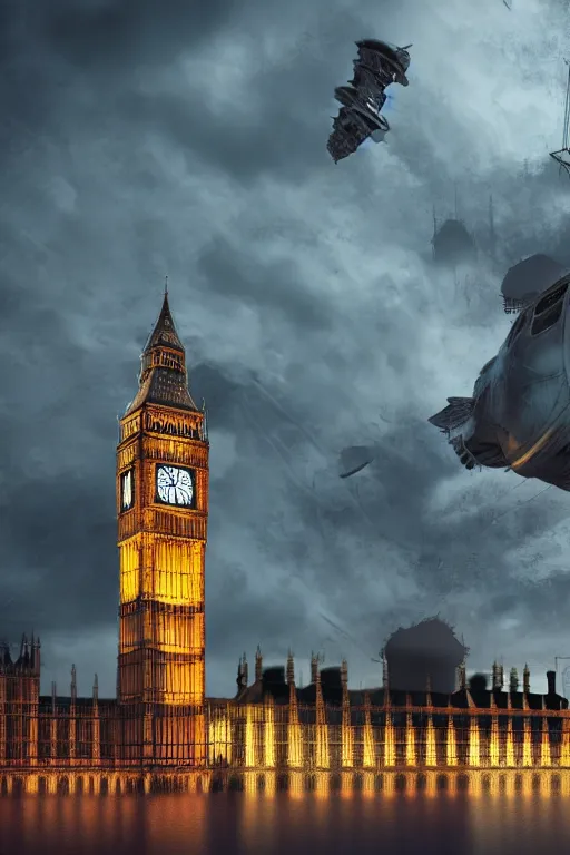 Prompt: photography of a highly detailed ghost pirate ship flying in the sky. big ben, london background. intricate, hyper realism, professional digital art, unreal engine 5, 8 k render, sharp focus, trending on art station.