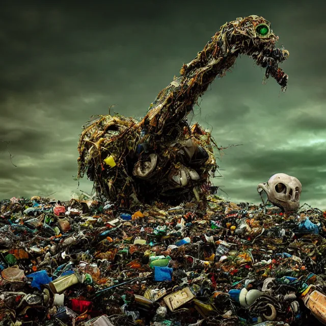 Image similar to a machine made of rubbish with long arms devours other rubbish and creatures in a giant rubbish heap full of strange and terrifying creatures, under a dark green sky in the distance, bones, corpses, monsters, hell, distorted, creepy, by dan seagrave, cinematic photography, cinematic, ue 5, realistic, sci - fi