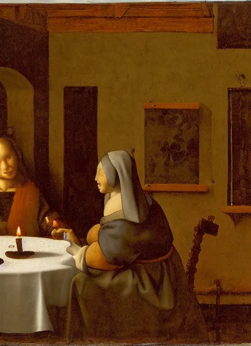 Prompt: a candlelit table at the inn, two people sitting at the table, swirling smoke, dark smoke, realistic, in the style of leonardo da vinci, dutch golden age, amsterdam, medieval painting by jan van eyck, johannes vermeer, florence