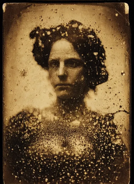 Prompt: old wetplate daguerreotype portrait of an ages women, explosion of data fragments, fractal, intricate, elegant, highly detailed, parallax, leica, medium format, subsurface scattering, by jheronimus bosch and greg rutkowski and louis jacques mande daguerre