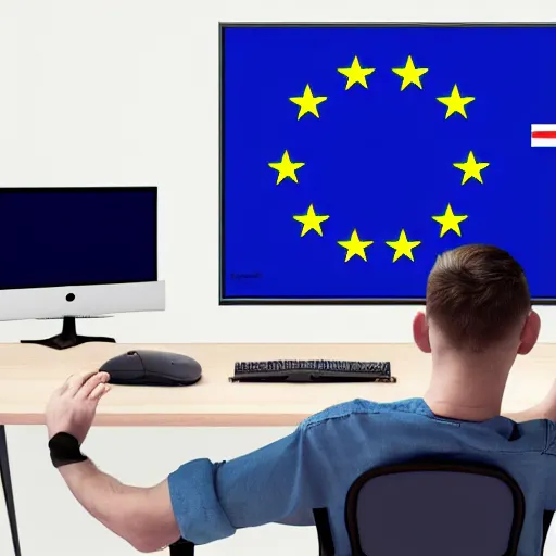 Image similar to european union eu hybrid influencer on blue shirt sitting on chair with eu flag on computer playing games on led keyboard and gaming mouse in style of American propaganda poster, big nosed, eu flag, european union flag, dark and gloom, extremely detailed oil painting, open room, highly detailed, trending on artstation, concept art, sharp focus, illustration, art by artgerm and greg rutkowski and magali villeneuve