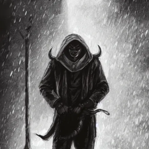 Image similar to A demonic goat man wearing a hood leaning on a wall in a dark alleyway during a rainstorm, art by Trevor Henderson