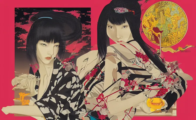 Prompt: a red delorean for a yellow tiger, art by hsiao - ron cheng and utagawa kunisada in a magazine collage, # de 9 5 f 0