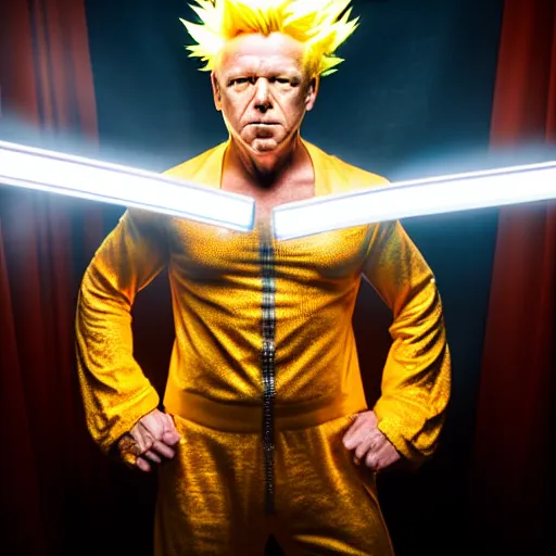 Image similar to uhd candid photo of alex e. jones as a super sayian, glowing, global illumination, studio lighting, radiant light, detailed, correct face, elaborate intricate costume. photo by annie leibowitz