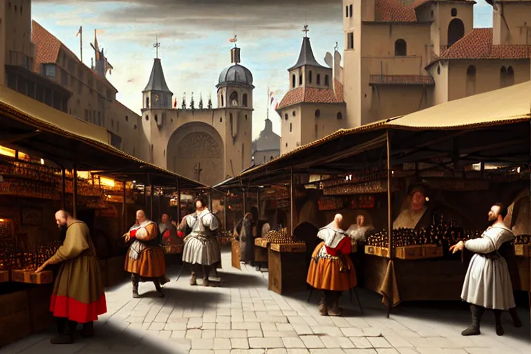 Prompt: A medieval market, between the products being sold are mobile phones, ear phones, laptops, and other devices!! Some people walking around, big depth of field, matte painting, trending on artstation, hyper detailed, sharp, baroque painting, painted by Velazquez