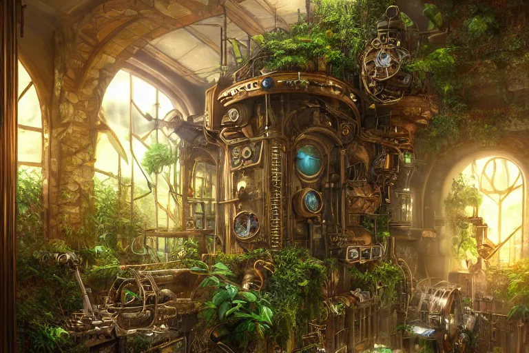 Prompt: very tidy steampunk home office overseeing a magical portal, lush plants, machines, synthesizer, beautifully lit, very detailed painting, hyperrealism, trending on artstation