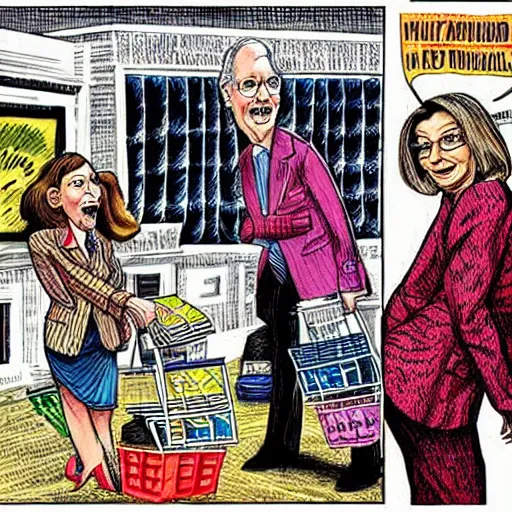 Image similar to The Artwork of R. Crumb and his Cheap Suit Mitch McConnell and Nancy Pelosi go shopping, pencil and colored marker artwork, trailer-trash lifestyle