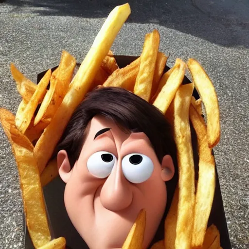 Image similar to [ a french fry chip ] shaped like stephen fry as a pixar character hybrid intercross mix