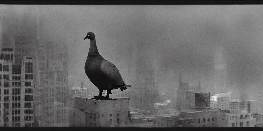 Image similar to detailed medium format photo, polaroid still from tarkovsky movie, giant pigeon sitting on a newy york building rooftop, haze, high production value, intricate details, 8 k resolution, hyperrealistic, hdr, photorealistic, high definition, tehnicolor, award - winning photography, masterpiece, amazing colors