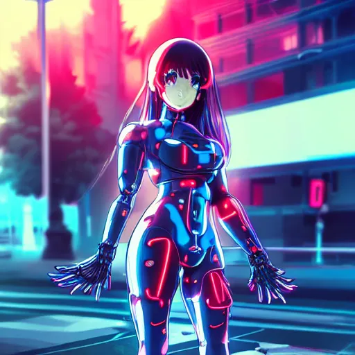 Image similar to digital anime, cyborg - girl standing in the middle of the wet street light bending around her, gaussian motion blur, refracting image, fish eyed lens, black red long hair!, biomechanical details, neon background lighting, reflections, wlop, ilya kuvshinov, artgerm