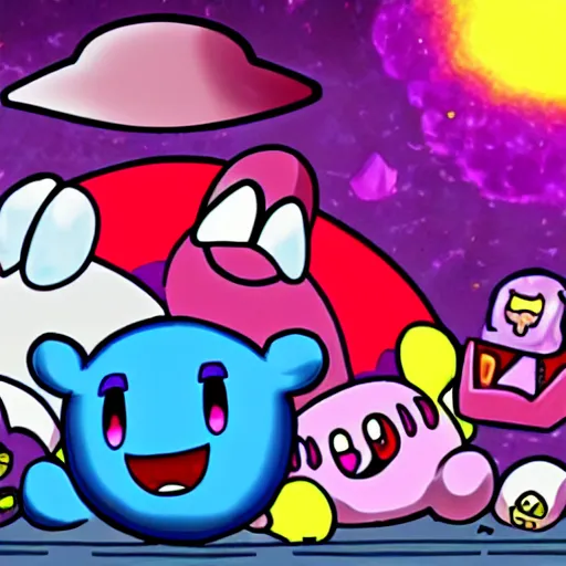 Prompt: kirby consuming the universe, kirby's dreamland as a horror movie