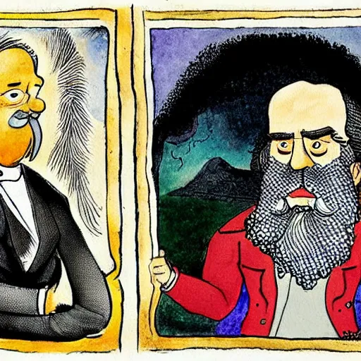 Prompt: the epic battle between Jordan Peterson and Karl Marx, stylised watercolour painting by William Blake and Matt Groening