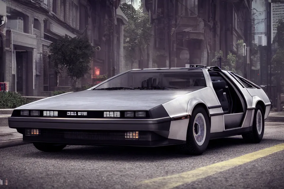 Image similar to ultra realistic delorean dmc 5, dark cinematic, volumetric, realistic, 3 d render, realistic render, cinematic lighting, volumetric lighting, atmospheric, cinematic, unreal engine 5, unreal engine render, octane render, hd, photorealism, hyper realistic, photo, 8 k