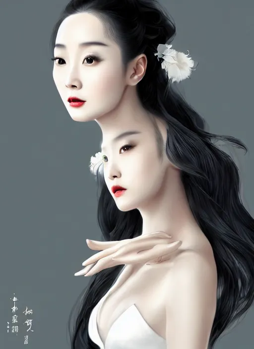 Image similar to beautiful chinese fashion goddness like fanbingbing, strapless dress, character portrait in the style of thomas river and artgerm, wlop, cinematic lighting, hyperdetailed, 8 k realistic, symmetrical, global illumination, radiant light, halo, love and mercy, frostbite 3 engine, cryengine, dof, trending on artstation, digital art, chanel