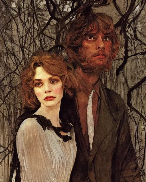 Prompt: two handsome but creepy people in layers of fear, with haunted eyes and tangled hair, 1 9 7 0 s, seventies, wallpaper, woodland a little blood, moonlight showing injuries, delicate embellishments, painterly, offset printing technique, by coby whitmore, jules bastien - lepage, john howe