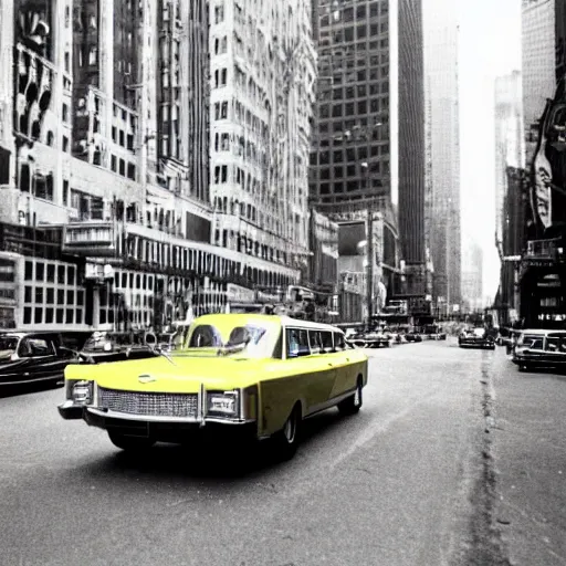 Image similar to stock photo of a sixties limousine driving in new york, by getty images
