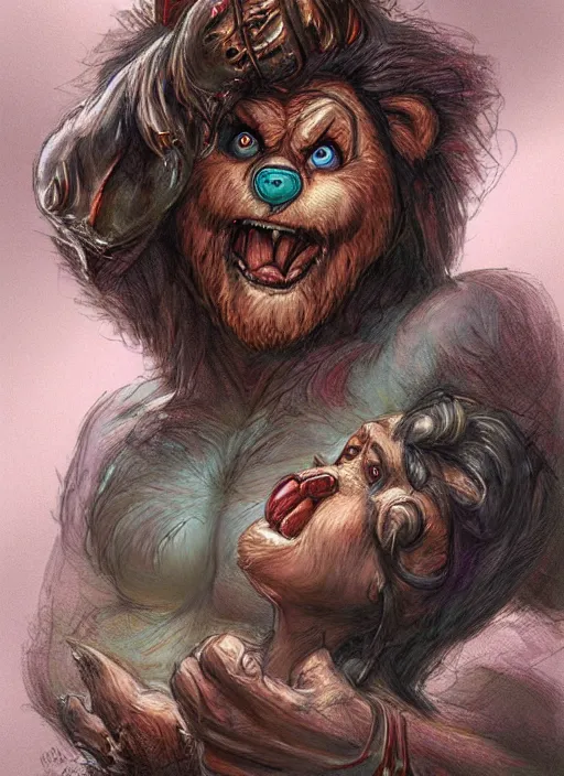 Image similar to portrait of Care Bear from Evil Dead (2013), intricate, highly detailed, centered, digital painting, artstation, concept art, smooth, sharp focus, illustration, artgerm, donato giancola, Joseph Christian Leyendecker, WLOP, Artgerm