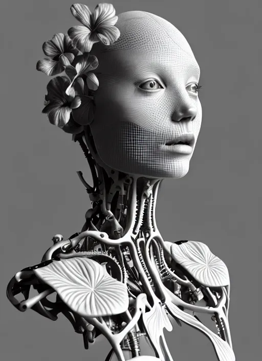 Image similar to monochrome 3 d model, biomechanical young female cyborg with porcelain profile face and a big floral eye, volumetric light, big leaves foliage and stems, hibiscus flowers, boho floral vines, sinuous fine roots, fine foliage lace, alexander mcqueen, rim light, art nouveau fashion pearl embroidered collar, steampunk, octane render, 8 k