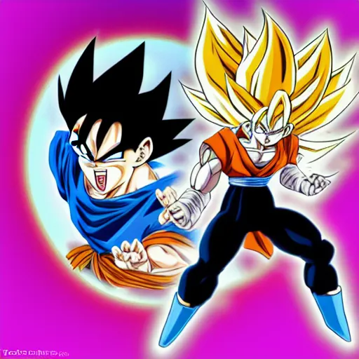 Image similar to vegetto from dragon ball throwing a kamehameha against donal trump, drawn in adward winning anime style