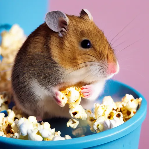 Image similar to photo of a hamster, swimming inside a bucket of popcorn, various poses, unedited, soft light, sharp focus, 8 k