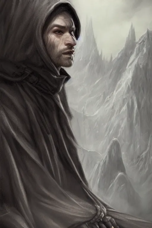 Image similar to a full body high detail fantasy portrait oil painting illustration of a small pale rogue by justin sweet with black cloak, face and body clearly visible, in a scenic background, visible pupils, realistic proportions, d & d, rpg, forgotten realms, artstation trending, high quality, sombre mood, artstation trending, muted colours, entire person visible!