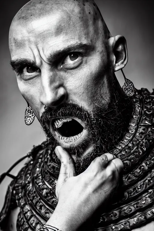 Prompt: a cinematic view of wide bw photo from a very ornated old serj tankian mixed with brad pitt viking, shaved haircut, showing maori tattoos in the head, using leather armour with necklace of teeth, naughty expression, photorealistic, volummetric light, depth of field, detailed, texturized, zeiss lens high professional mode