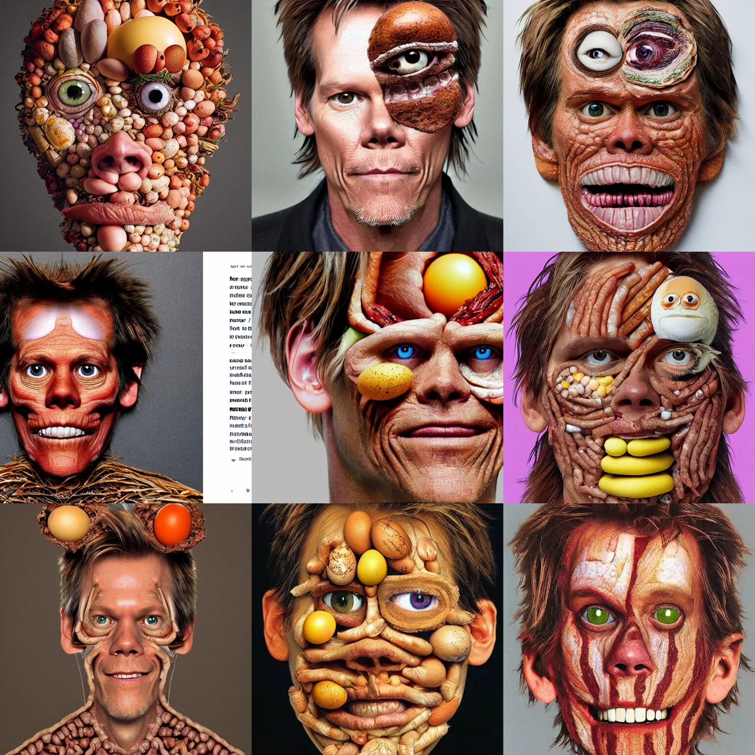 Image similar to a photo of kevin bacon, his face is made of bacon, eyes made of eggs, by arcimboldo