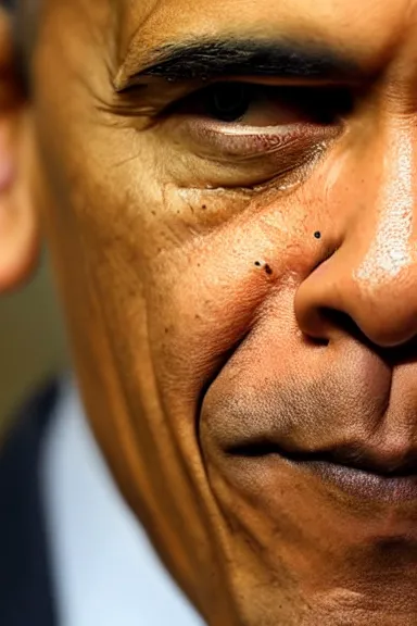 Prompt: a very close up fish eye lens photo of Obama up to his nose