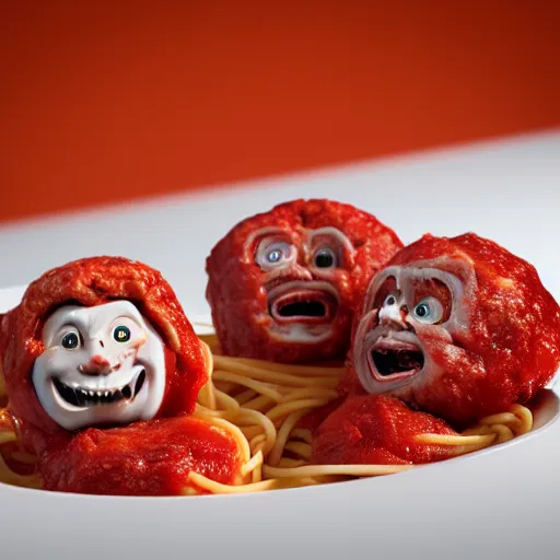 Image similar to spaghetti with meatballs shaped like screaming chucky doll, octane render