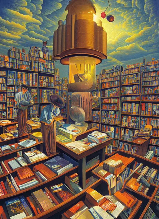 Image similar to a barnes and noble books, vintage shapes, retro technology, happy colors. rob gonsalves, oil on canvas, deep depth field, masterpiece, cinematic composition, hyperdetailed