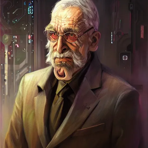 Prompt: an epic fantasy comic book style portrait painting of an old thin man with a sad smart face, and futuristic clothing, standing in front of a computer simulation, intelligent face, sci - fi, intricate, elegant, highly detailed, digital painting, artstation, concept art, matte, sharp focus, illustration, art by artgerm and greg rutkowski and jim burns