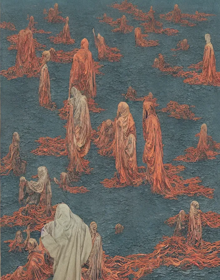 Prompt: worshippers in robes standing in waves, high detailed beksinski painting, part by adrian ghenie and gerhard richter. art by takato yamamoto. masterpiece, deep colours, blue