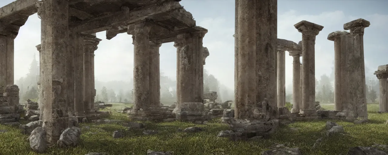 Prompt: an ancient ruined temple of the old Pagan Gods, 8k hyper realistic, Photorealistic, rendered by Octane