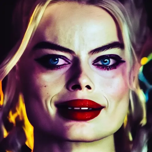 Image similar to Margot Robbie as real-life Harley Quinn, cinematic, Wide-shot, atmospheric lighting, directed by Quentin Tarantino, extreme detail, 8K, movie still