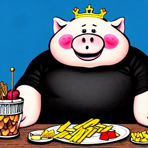 Image similar to comic art of a cute obese pig smiling in a black shirt wearing a crown eating snacks, drawn by Bruce MacKinnon, 4K