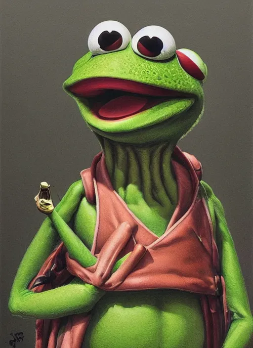 Image similar to portrait Kermit the frog in They Live (1988), highly detailed, centered, solid color background, digital painting, artstation, concept art, smooth, sharp focus, illustration, peter mohrbacher, donato giancola, Joseph Christian Leyendecker, Les Edwards, Ed Repka, Basil Gogos, WLOP, Artgerm
