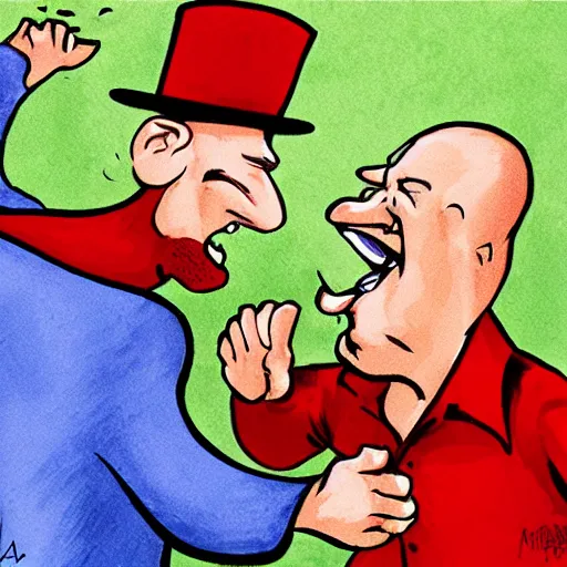 Prompt: caricature angry red bald man slapping another man in a hat in the face. Well composed, detailed, concept art by Mike Altman