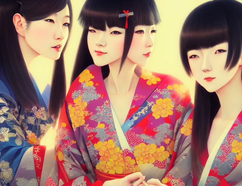 Image similar to two beautiful charming japan girls wear arty kimono in festival | | sunny night, full moon, dreamlike art, realistic shaded, smile, good looking, hyper details, 4 k realistic, cryengine, realistic shaded lighting poster by ilya kuvshinov, fuji choko, ross tran, 8 k resolution, trending on artstation, luxury