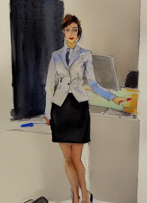 Image similar to concept art of a modern office life, young business woman, pencil miniskirt, pinterest, artstation trending, behance, watercolor, by coby whitmore, silver, laser light,