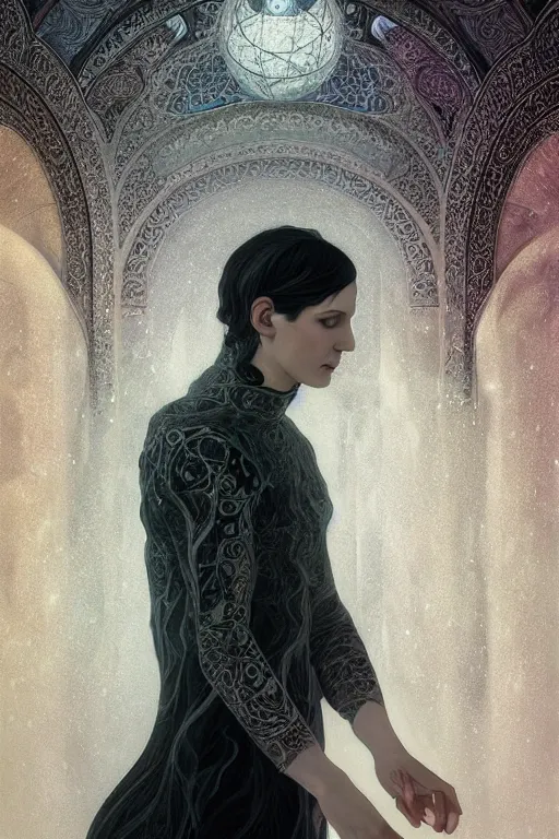 Image similar to portrait of brian molko as delirium of the endless, the sandman, grey clothes, in persian temple wet night, sci - fi and fantasy, intricate and very very beautiful and elegant, highly detailed, digital painting, artstation, concept art, smooth and sharp focus, illustration, art by tian zi and wlop and alphonse mucha