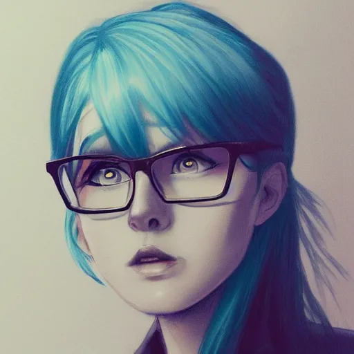 Prompt: portrait of a blue haired girl wearing glasses, dramatic lighting, artstation, ross draws