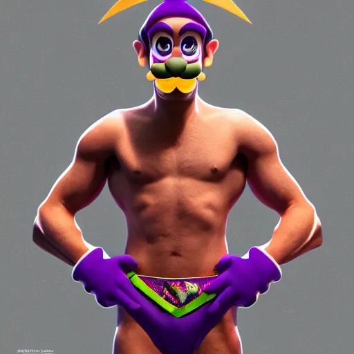 Prompt: highly detailed full body portrait of Waluigi wearing a mankini, digital art, concept art, character art, cinematic lightning, bright colors, intricate, masterpiece, photorealistic, hiperrealistic, sharp focus, high contrast, Artstation HQ, DeviantArt trending, 4k UHD, Unreal Engine 5