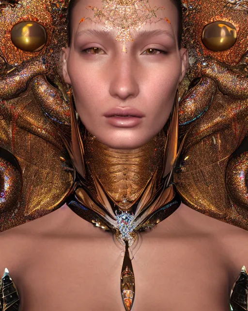 Prompt: a highly detailed metahuman 8 k close up render of bella hadid evangelion renaissance in iris van herpen dress schiaparelli in diamonds crystals swarovski and jewelry iridescent in style of alphonse mucha gustav klimt trending on artstation made in unreal engine 4